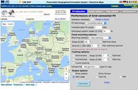 Screenshot of calculator for photovoltaic solar cells for europe